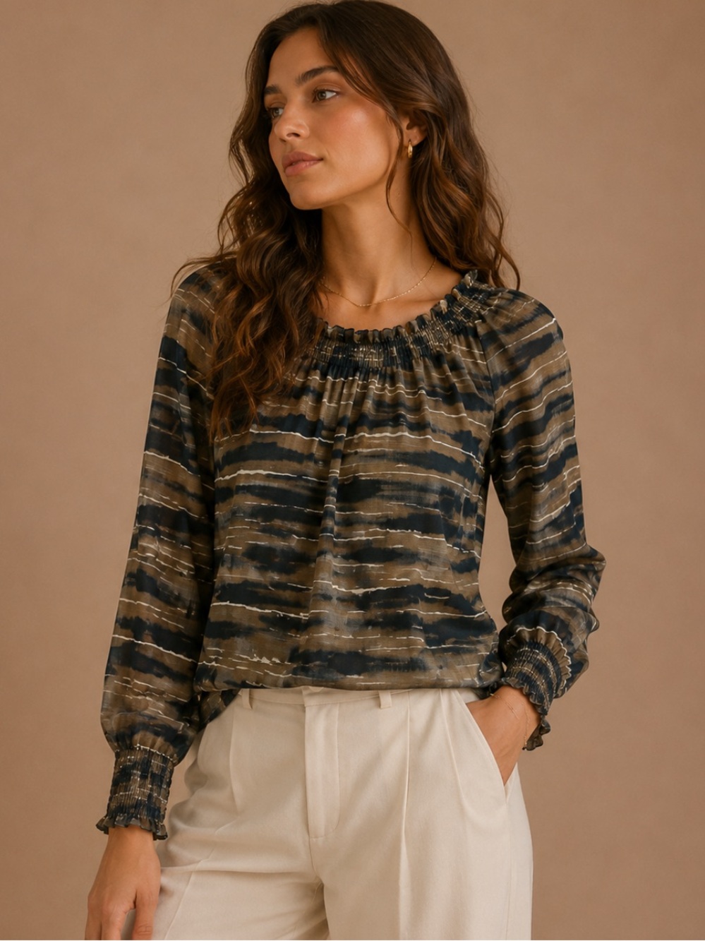 Cloth & Stone Sheer Brown Abstract Print Blouse Women's Small Long Sleeve